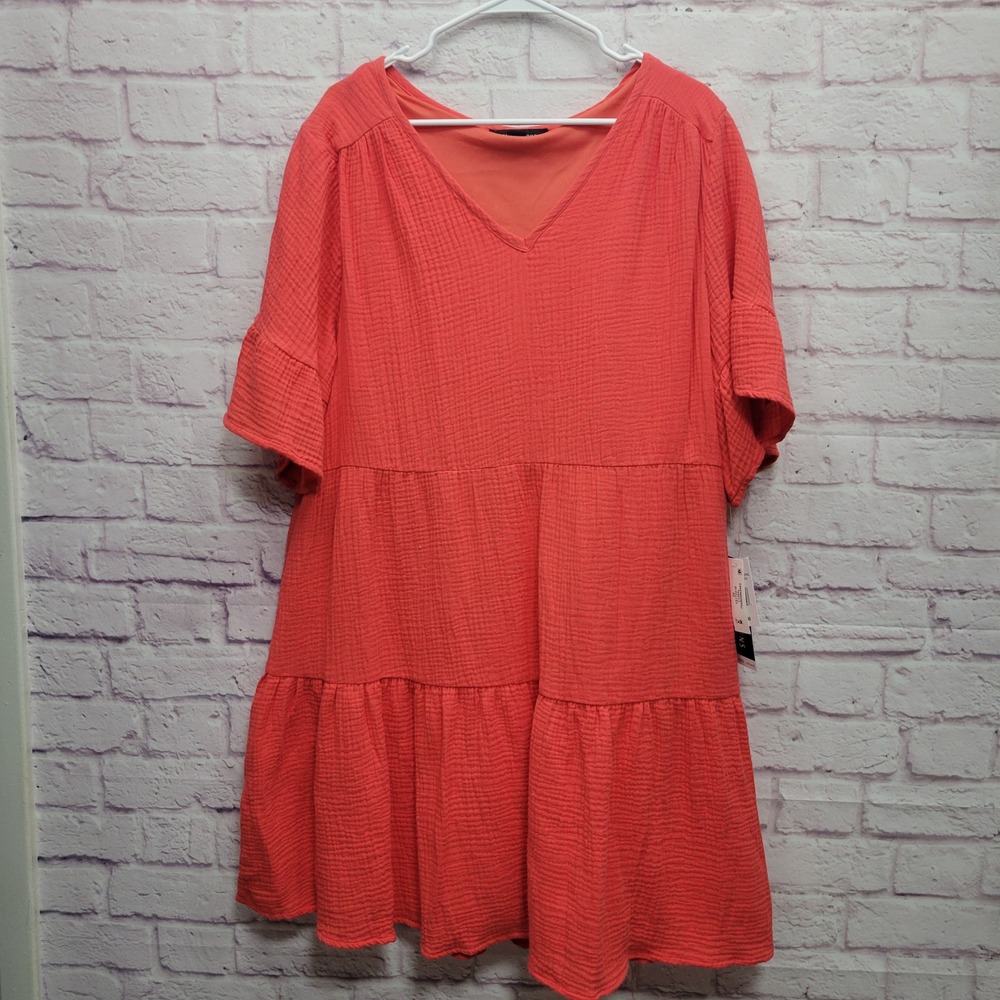 NEW Perceptions Gauze‎ Babydoll Tiered Dress Sz 2X Flutter Coral Boho Cottage